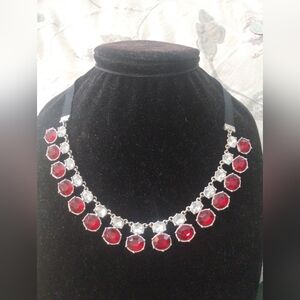 Elegant Red Gemstone and Silver Tone  Necklace
